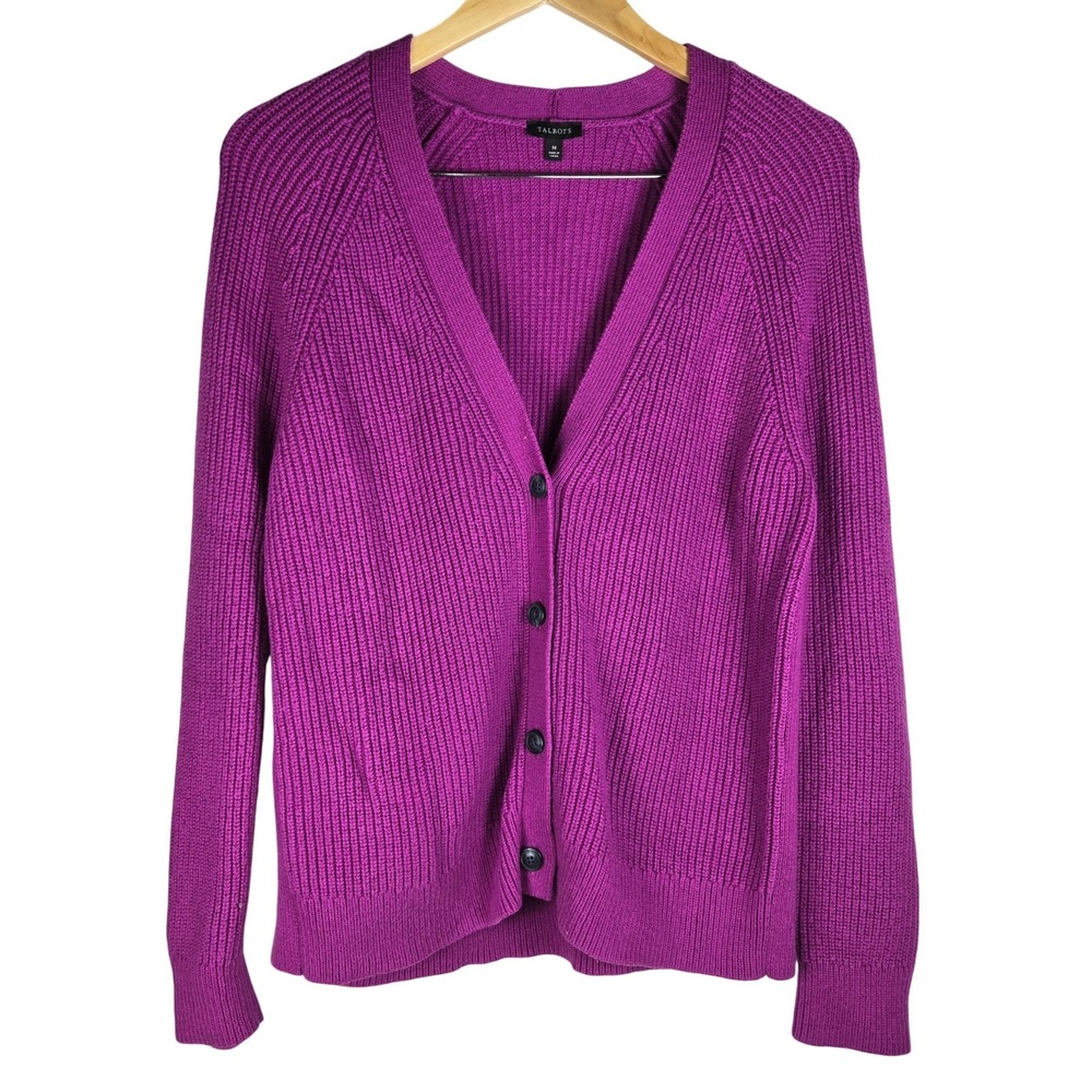 Talbots Womens Medium Purple Shaker Stitch Cotton Blend V-Neck Cardigan Sweater